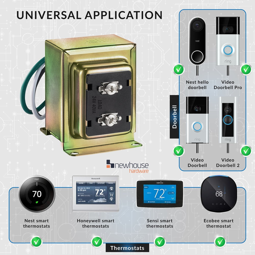 40TR 24V/40VA Wired Door Bell Transformer for Powering Multiple Smart Doorbells and Thermostats