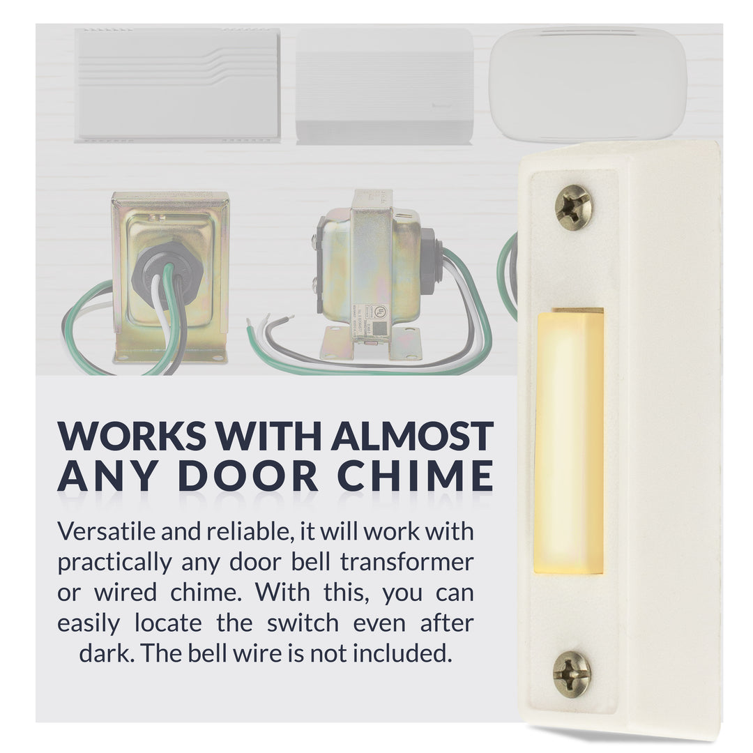 BT3WL Lighted Sturdy Plastic Door Chime Push Button BT3WL White | Classic Rectangular Lighted Door Bell Button | Replacement Wired Doorbell Button for Most Door Bell Chimes