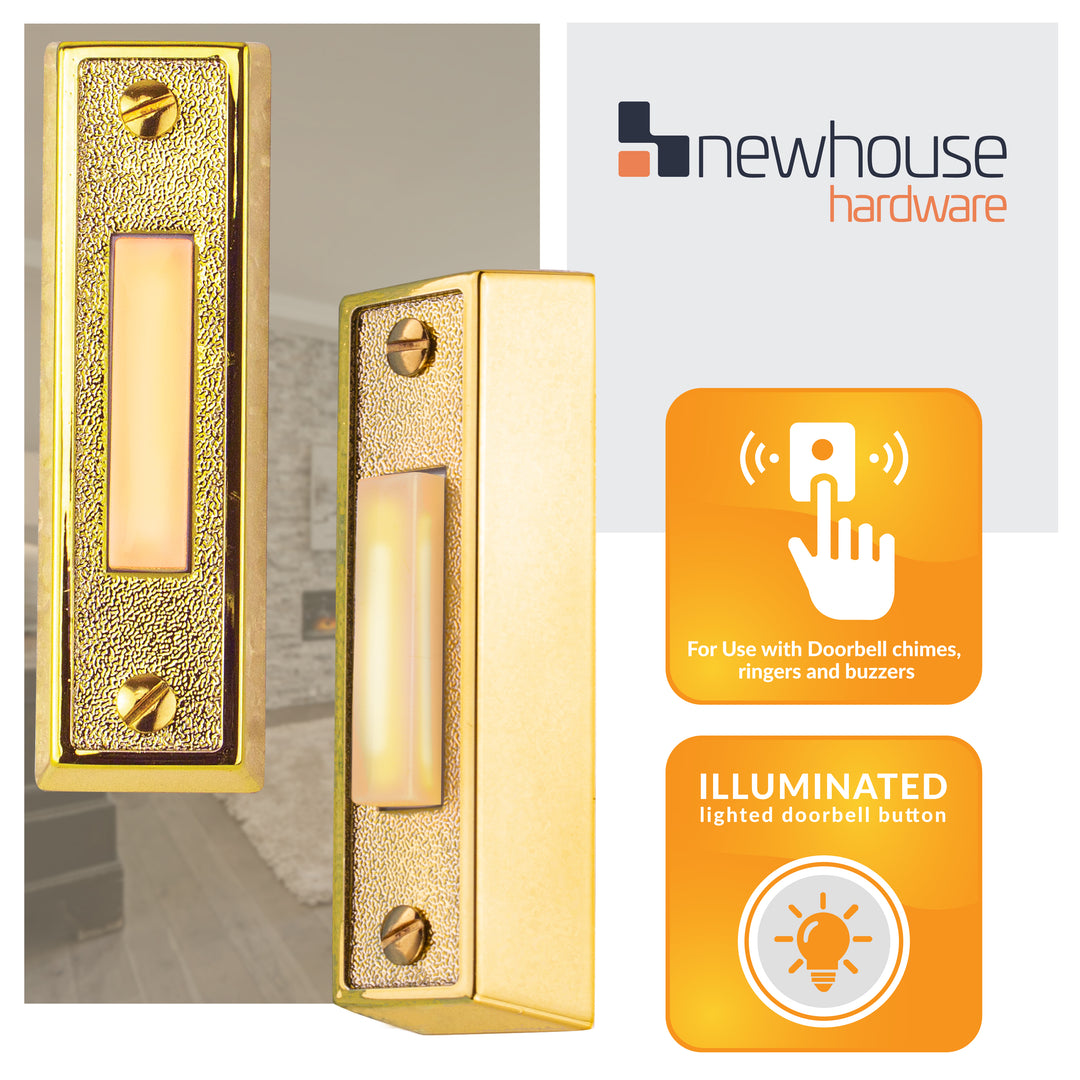 BT2BL Lighted Sturdy Plastic Door Chime Push Button, Brass Color | Classic Rectangular Lighted Door Bell Button | Replacement Wired Doorbell Button for Most Door Bell Chimes