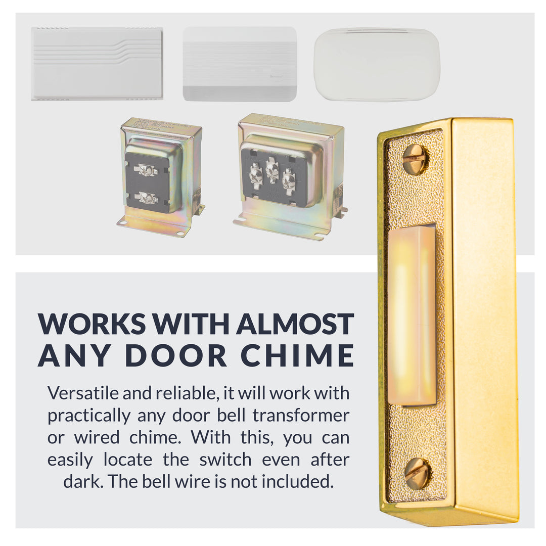 BT2BL Lighted Sturdy Plastic Door Chime Push Button, Brass Color | Classic Rectangular Lighted Door Bell Button | Replacement Wired Doorbell Button for Most Door Bell Chimes