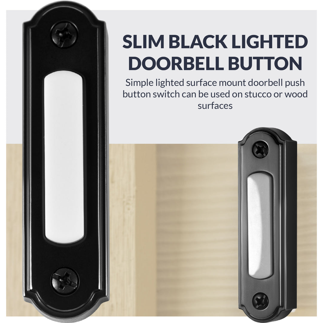 BT5BL LED Lighted Metal Door Chime Push Button (Black) | Surface Mount Lighted Door Bell Button | Replacement Wired Doorbell Button for Most Door Bell Chimes