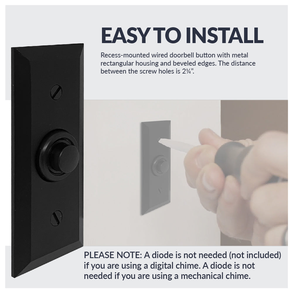 Rectangular Recessed Wired Metal Doorbell Button in Black BT6BV, Rectangular Push Button for Doorbell Chime, Buzzer or Ringer, Door Bell Button Only, Buzzer Button with Beveled Edges